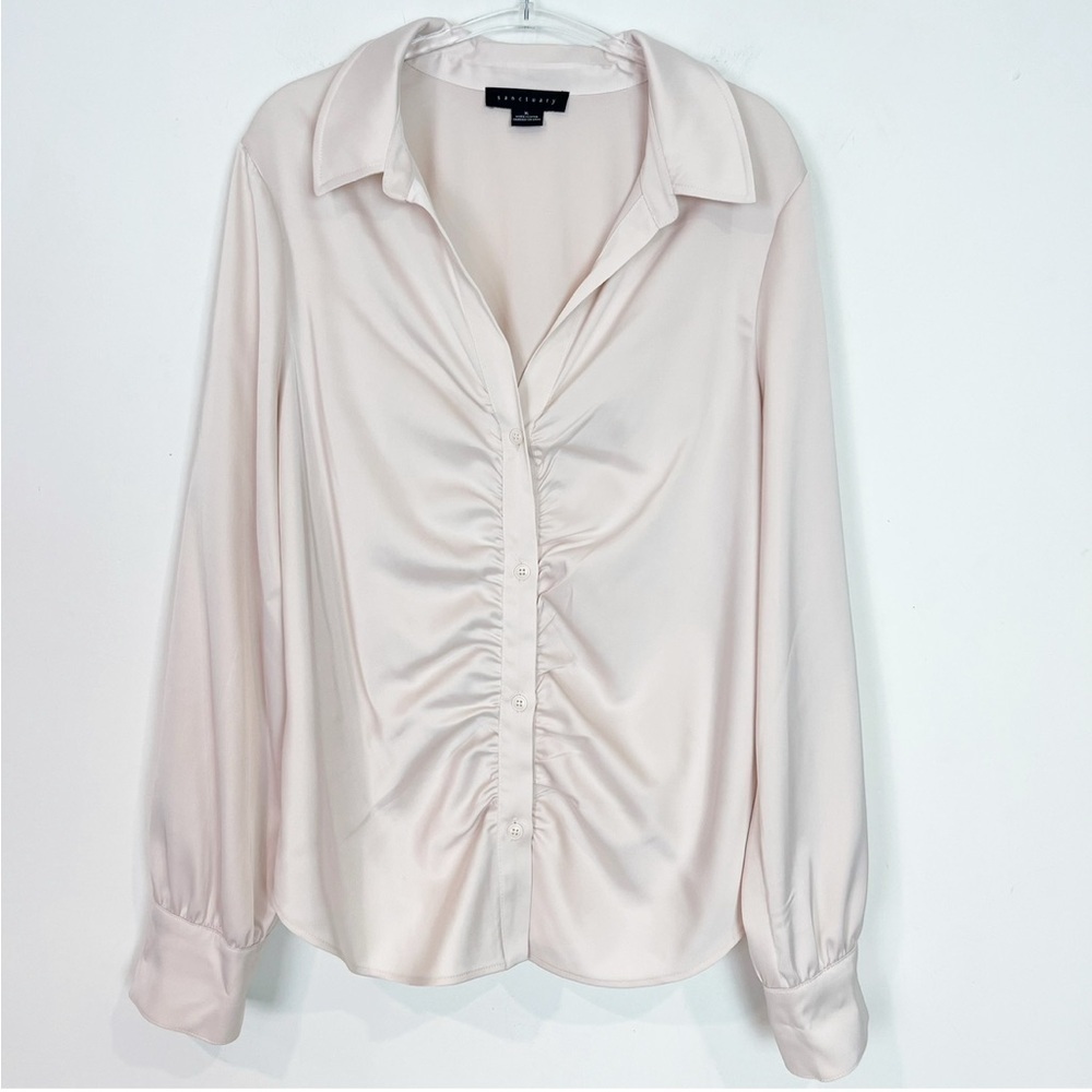 SANCTUARY TIME TO SHINE PALE PINK LONG SLEEVE RUCHED FRONT BLOUSE WOMENS SZ XL